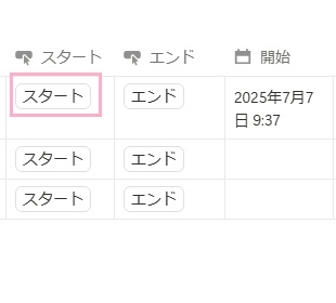 「スタート」ボタンをクリックすると「開始」列にボタンをクリックした時の日時が表示されるようになった